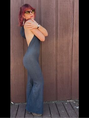 Stretchy Denim Jumpsuit - Backless Halter Wide-Leg